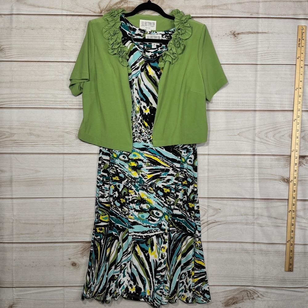 Julian Taylor 16P Dress Green Abstract Print Bolero Jacket 2 Piece Comfy Flowy